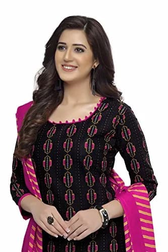 Miraan Women's Cotton Printed Floral Round Neck 3/4 Sleeve Salwar Suit Set Medium Black | Traditional Ethnic Wear thumbnail 4