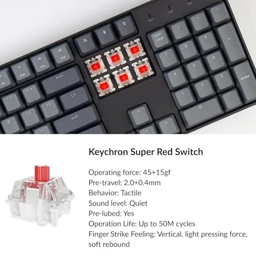 Keychron K10 Full Size Mechanical Gaming Keyboard with White LED Backlight | Mac & Windows Compatible, Super Red Switches, Bluetooth 5.1 & USB-C Wired thumbnail 4