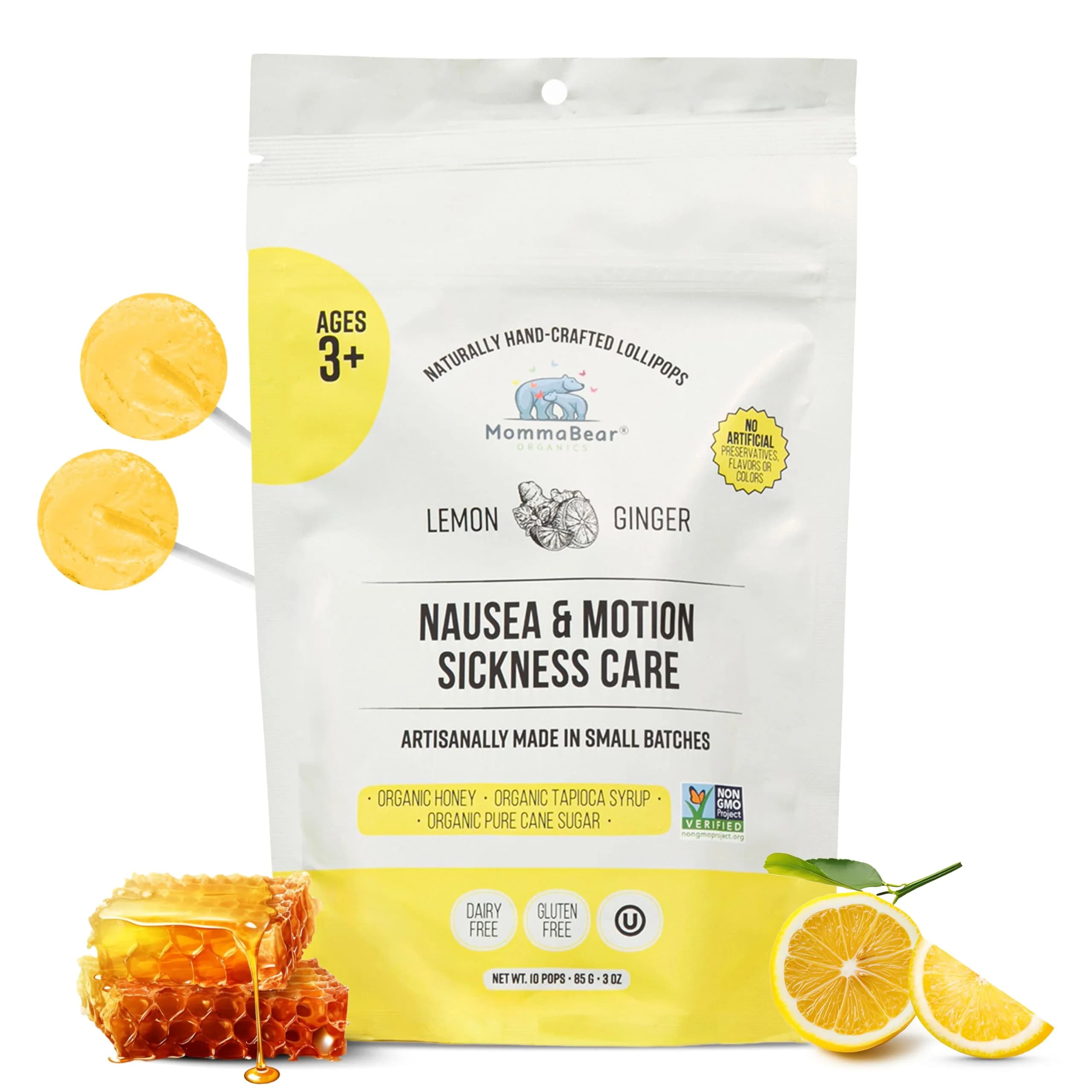 MommaBear Nausea & Motion Sickness with Real Honey & Ginger – 10 Pack | Gentle Relief for Pregnant & Kids — Lemon & Ginger