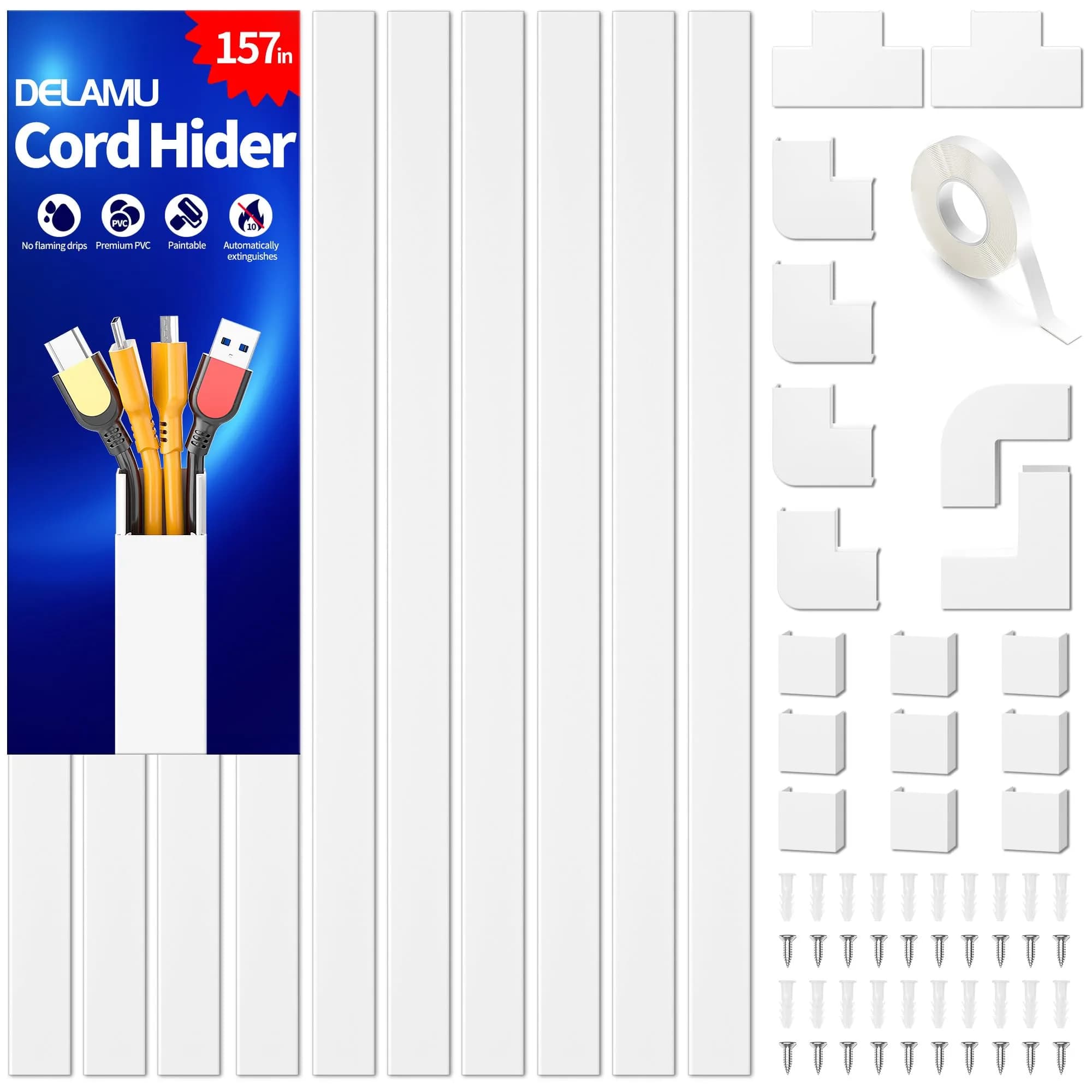 Delamu 157in Cord Hider Wall, Cable Management Raceway, Paintable Wire Cover, White | Neatly Conceal TV & Wall Wires