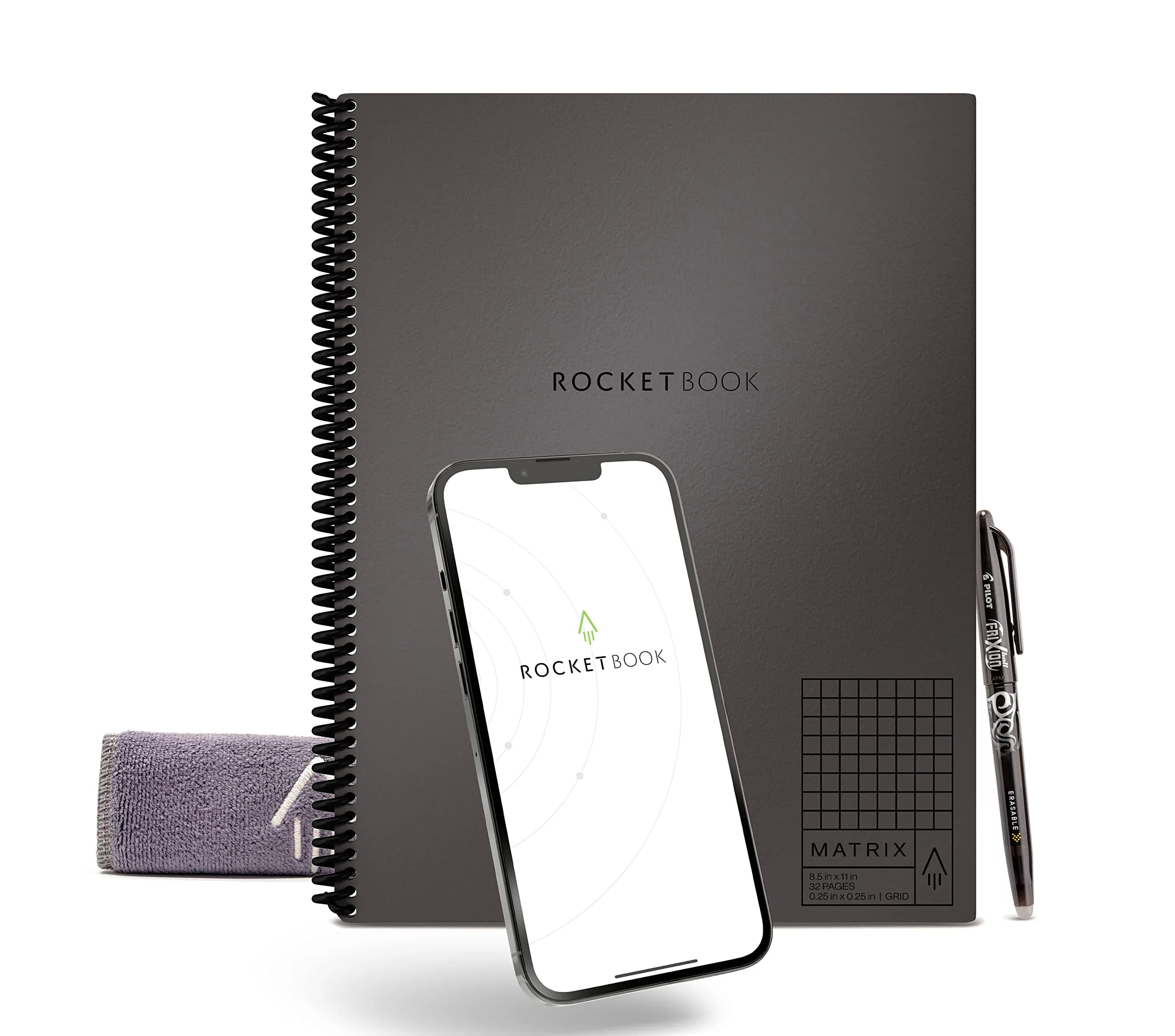 Rocketbook Matrix Reusable Graph Paper Notebook, Letter 8.5x11, Gray | Digital Sharing & Reusable Synthetic Paper