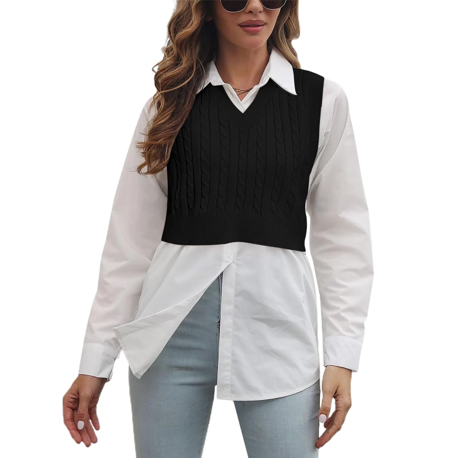 Lailezou Women's V-Neck Knit Sweater Vest Solid Color Argyle Plaid Preppy Style Sleeveless Crop Knit Vest — Black / X-Large