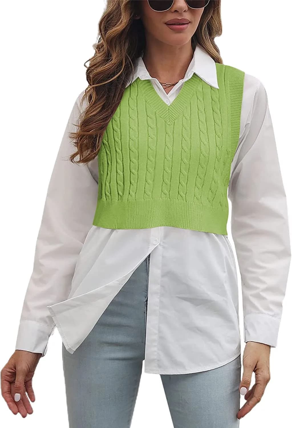 Lailezou Women's V-Neck Knit Sweater Vest Solid Color Argyle Plaid Preppy Style Sleeveless Crop Knit Vest — Green / Small