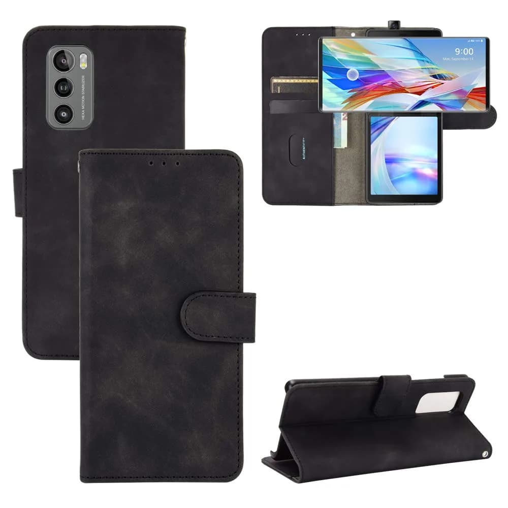 DAMONDY Black Flip Wallet Case for LG Wing 5G (1 Unit) | Genuine PU Leather with Card Slots & Kickstand — Black -LG Wing 5G