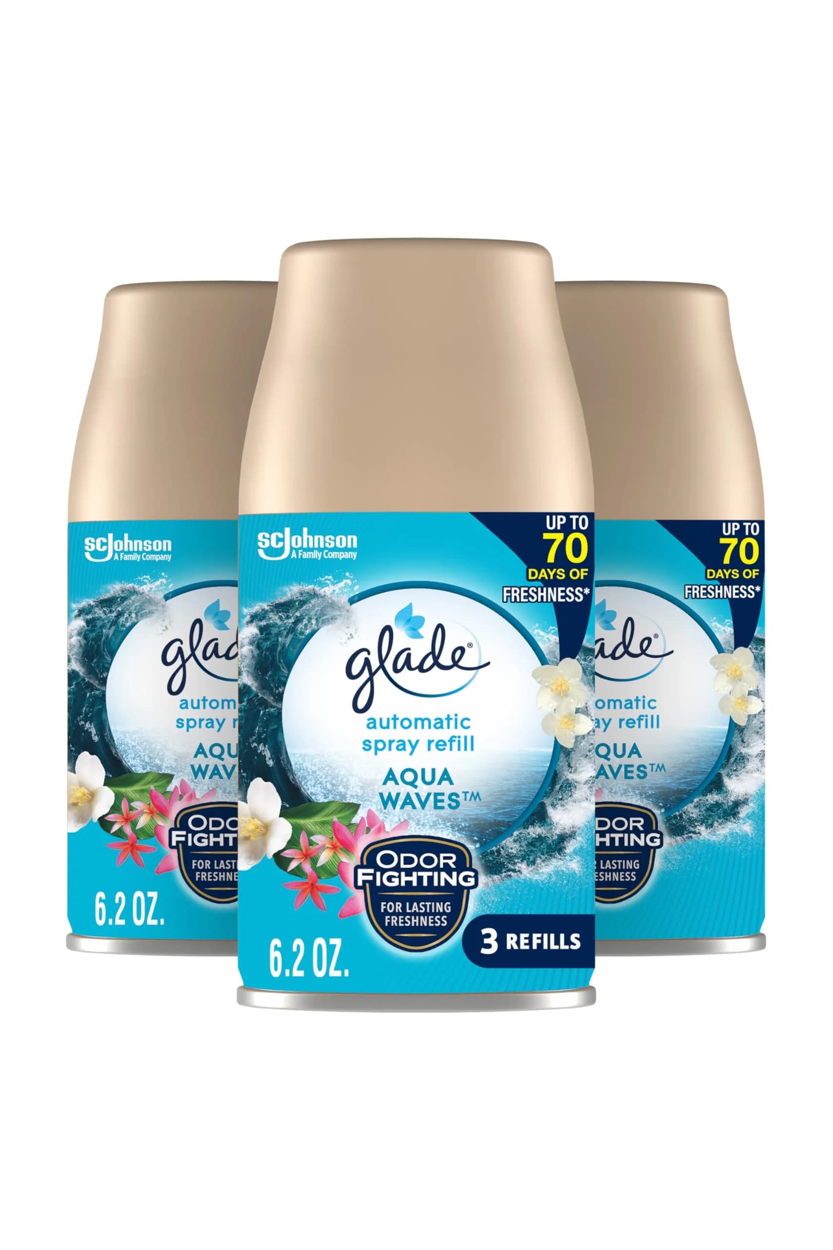Glade Automatic Spray Air Freshener Refill, Aqua Waves, 3 Count | 18.6 fl oz (555 ml) | Timed Fragrance Release