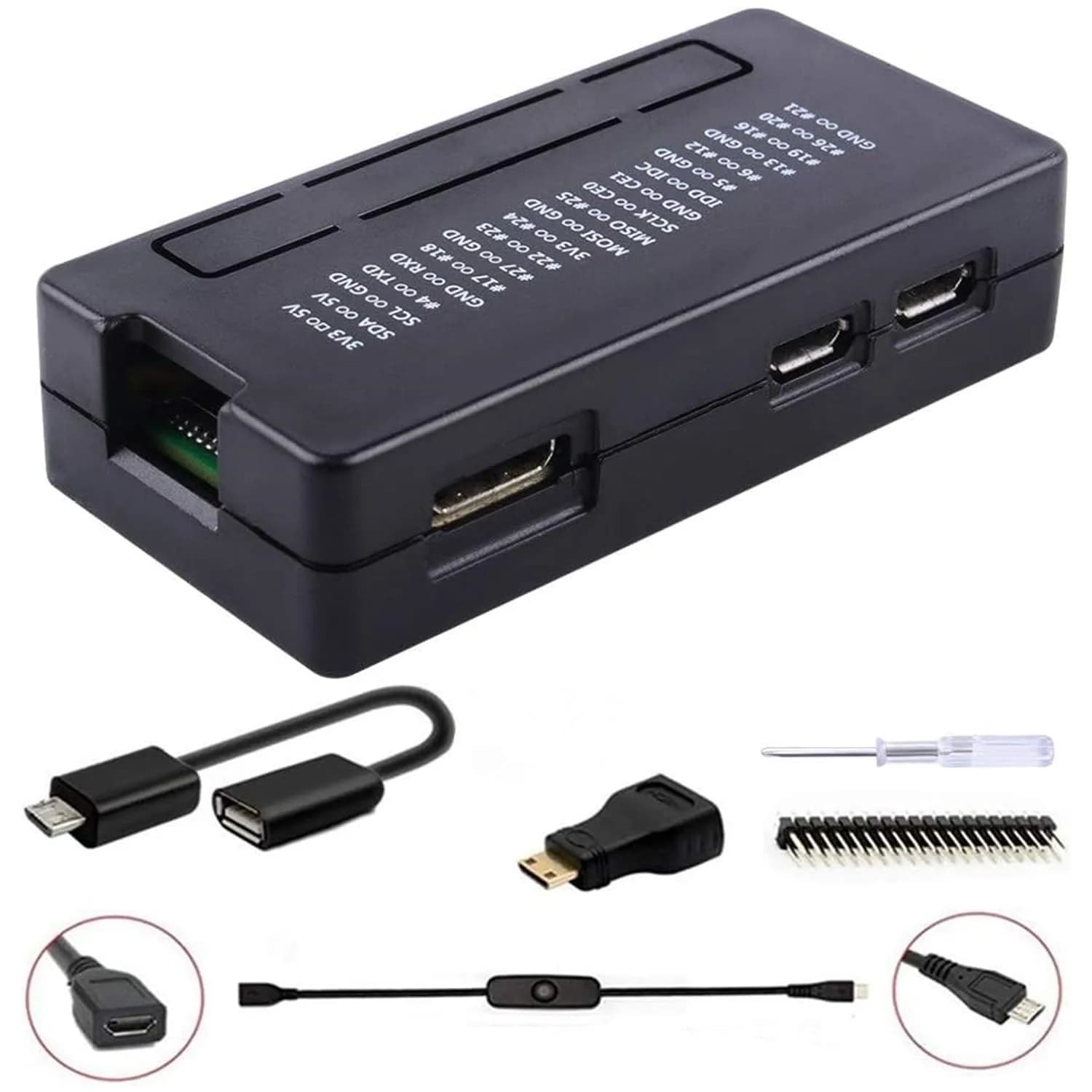 GeeekPi Raspberry Pi Zero 2 W Case/Zero W Case 7-in-1 Starter Kit with GPIO Header, OTG, HDMI Adapter & Screwdriver | Black Acrylic — Black