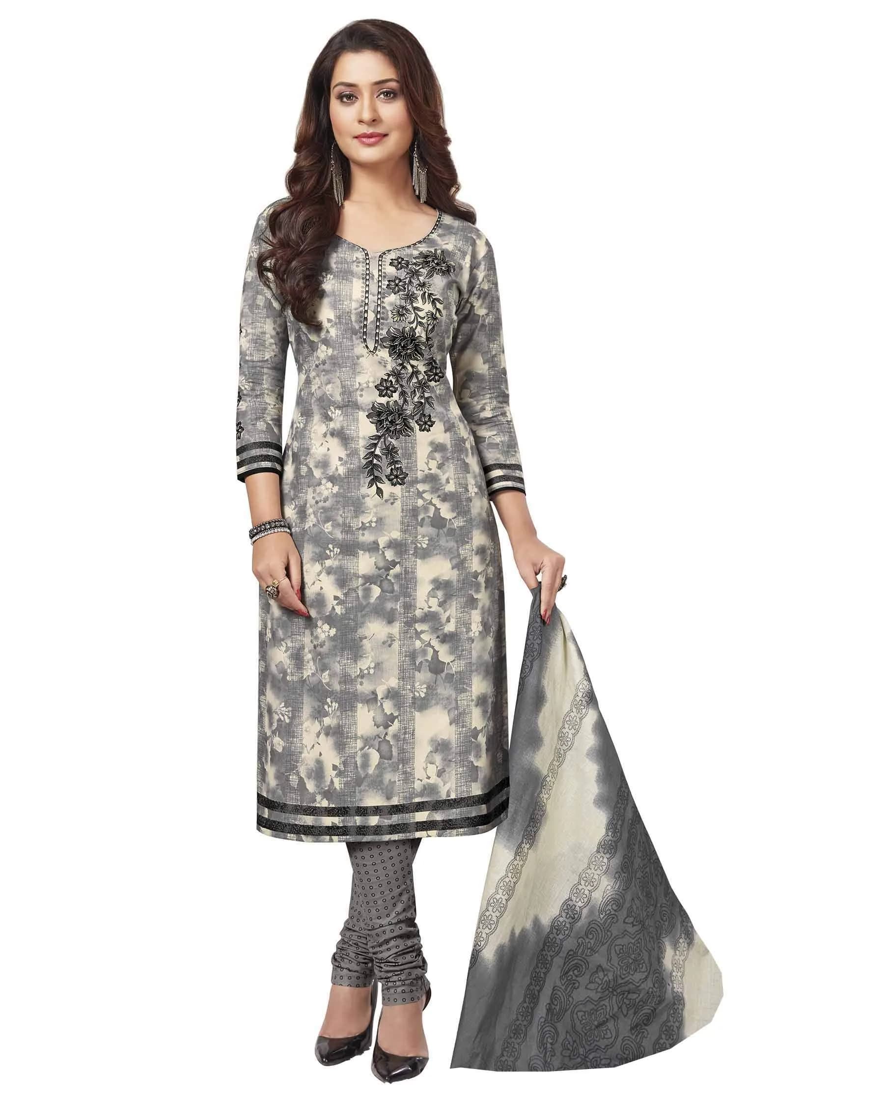 Miraan Women's Cotton Printed Salwar Suit Medium Grey | Stylish, Trendy & Durable - main product image