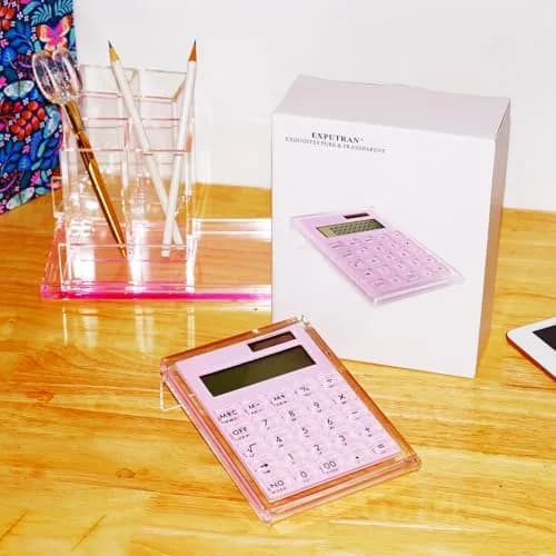 EXPUTRAN Acrylic Calculator with Stand, Pink | 12-Digit LCD Display, Solar & Battery Powered thumbnail 6