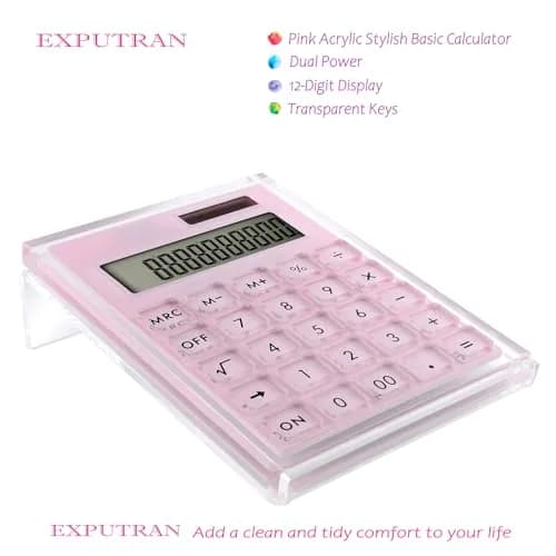 EXPUTRAN Acrylic Calculator with Stand, Pink | 12-Digit LCD Display, Solar & Battery Powered thumbnail 2