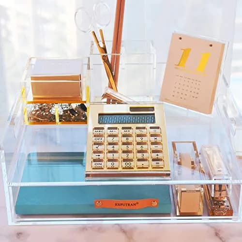 EXPUTRAN Acrylic Calculator with Stand, 12-Digit LCD Display, Solar & Battery Powered | Modern Gold Design thumbnail 6