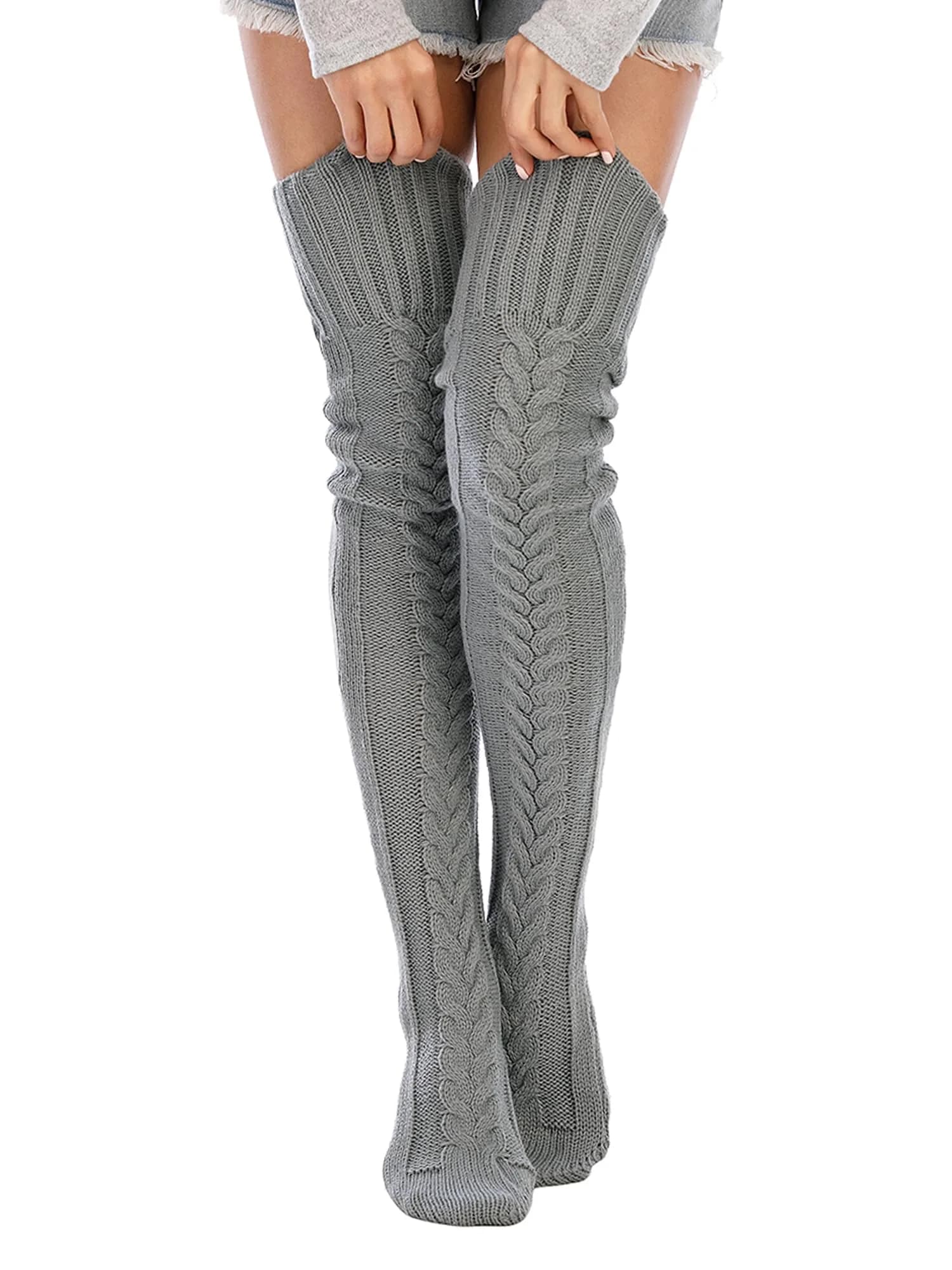 Leoparts Women's Cable Knit Thigh High Socks Over Knee Leg Warmer Stockings | Versatile Winter Stockings for Women — 626-gray