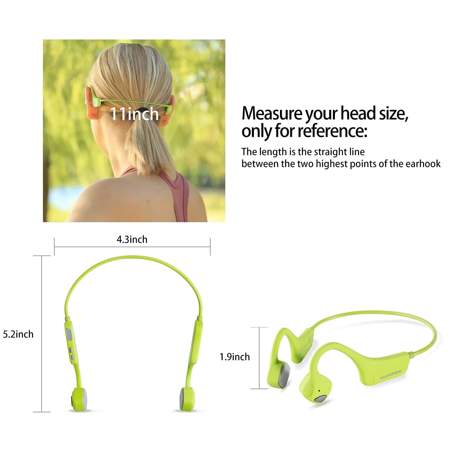 YouthWhisper Bone Conduction Headphones Bluetooth, Open-Ear Wireless Headset with Mic, Sweat-Resistant Earbuds for Running (Green) - view 6