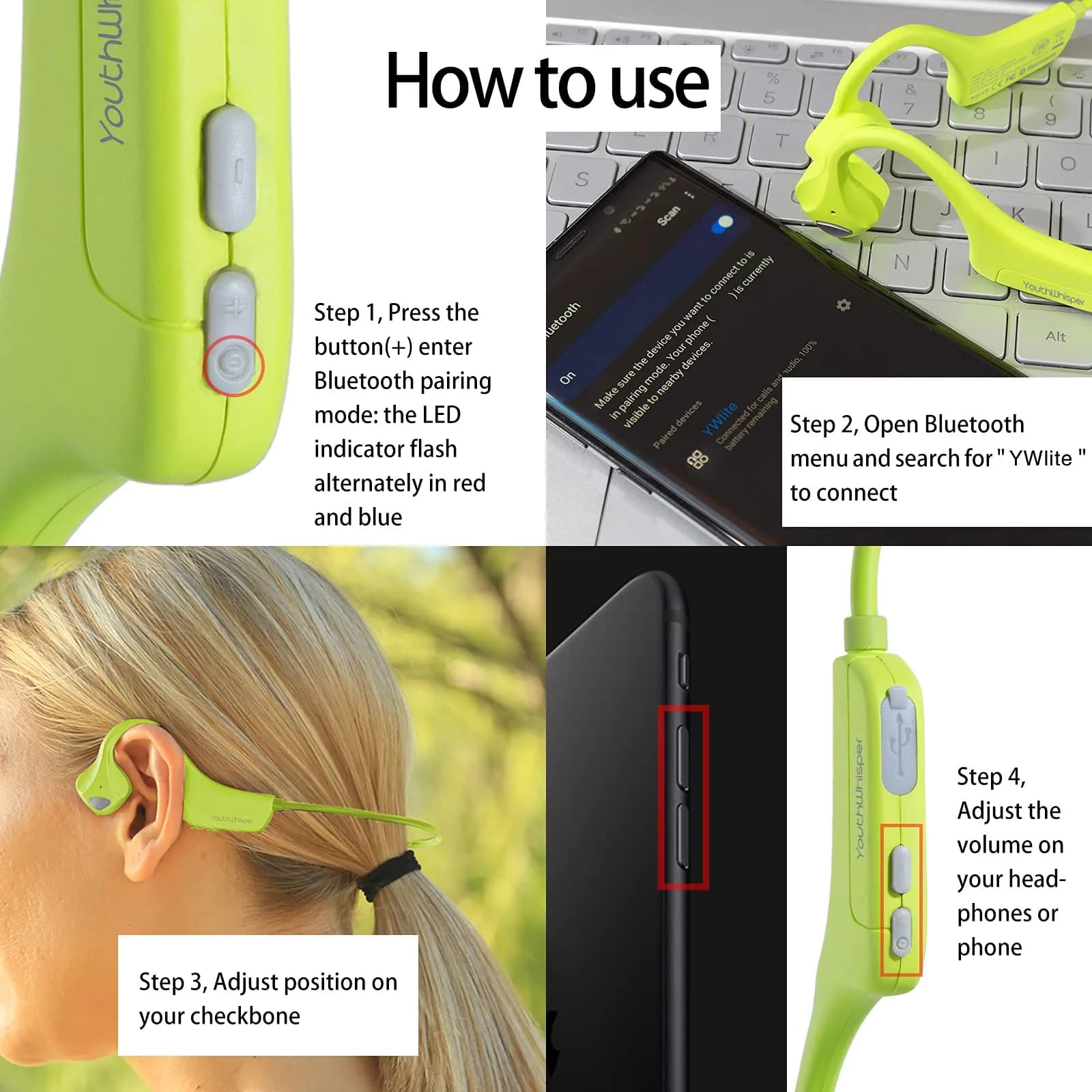 YouthWhisper Bone Conduction Headphones Bluetooth, Open-Ear Wireless Headset with Mic, Sweat-Resistant Earbuds for Running (Green) - view 7