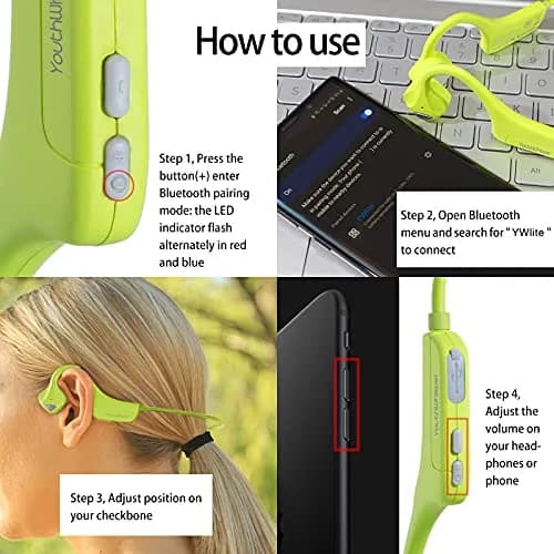 YouthWhisper Bone Conduction Headphones Bluetooth, Open-Ear Wireless Headset with Mic, Sweat-Resistant Earbuds for Running (Green) thumbnail 7