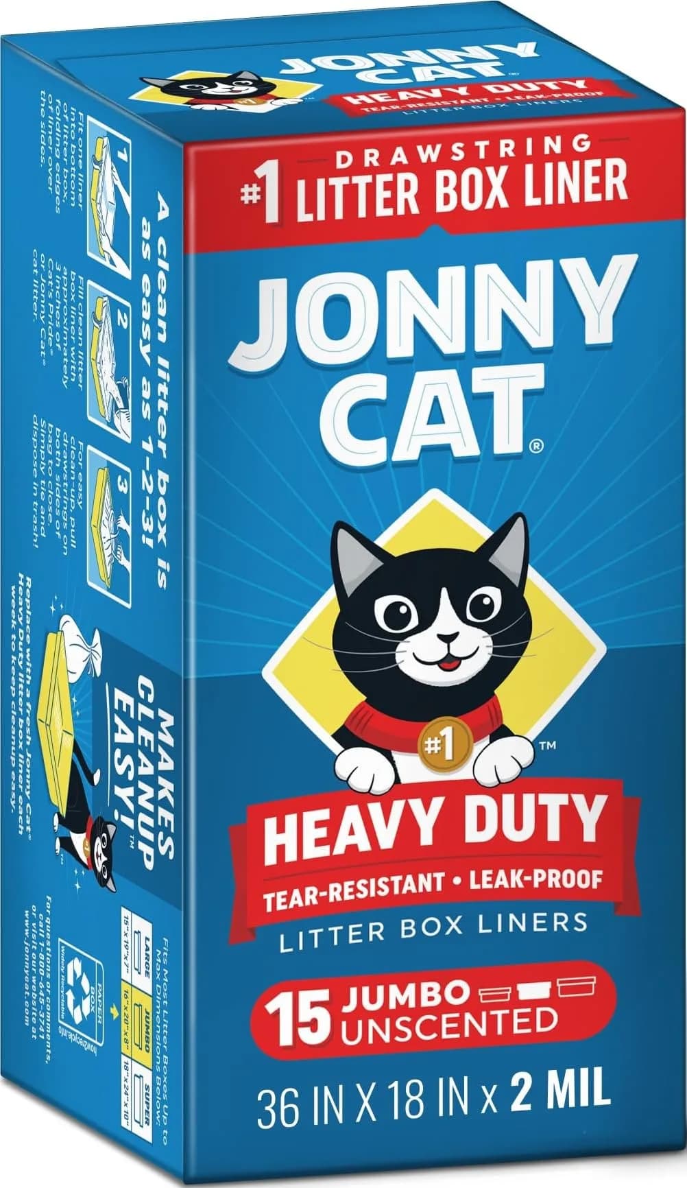 Jonny Cat Heavy Duty Tear-Resistant Litter Box Liners 15ct | No Leak, Claw Proof, Jumbo Fit