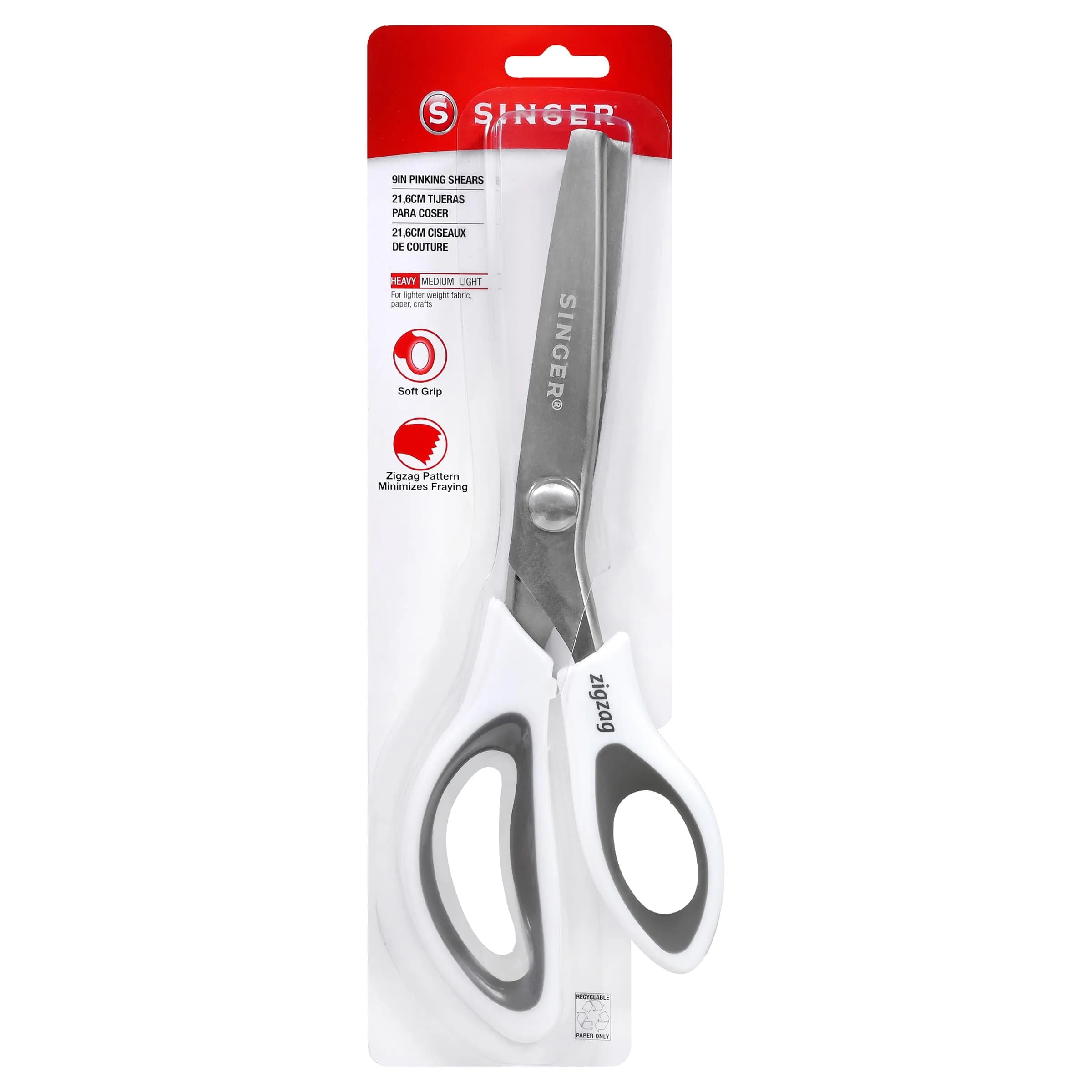 SINGER 9" Pinking Shears Stainless Steel Zigzag Edge | Precision Fabric Cutting Tool — White Red