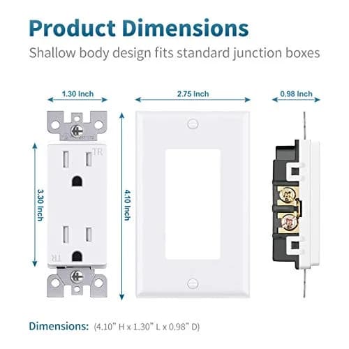 micmi 15A Decorator Receptacle Outlet | Tamper Resistant, Grounding, UL Listed, White thumbnail 4
