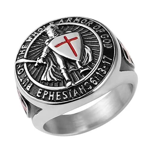 HZMAN Knights Templar Stainless Steel Ring with Red Cross Design for Men | Size 13 (US) thumbnail 1