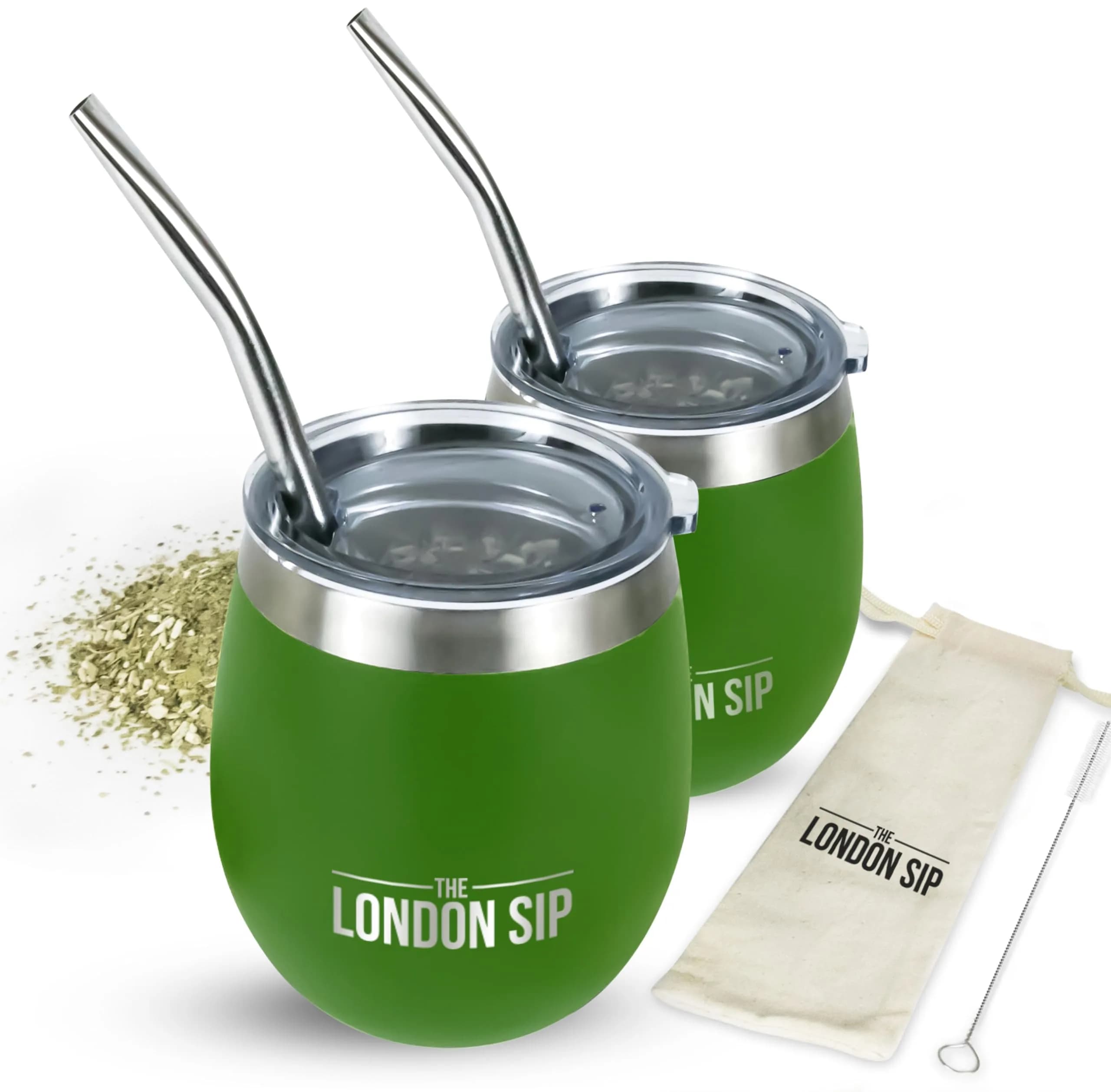 The London Sip Yerba Mate Cup and Bombilla Set, 8 oz, Stainless Steel, Modern Design, Orange — Green