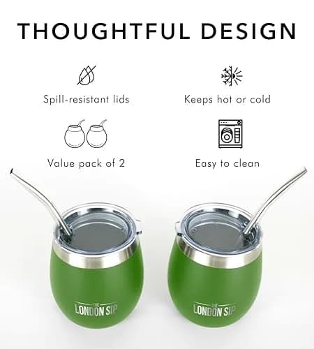 The London Sip Yerba Mate Cup & Bombilla Set, 8 oz, Stainless Steel, Modern Design, Spill-Resistant Lids, 2 Gourds, Straws, Brush, Pouch, Green thumbnail 4