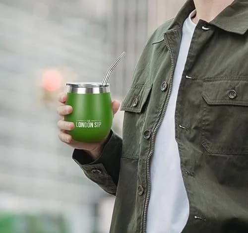 The London Sip Yerba Mate Cup & Bombilla Set, 8 oz, Stainless Steel, Modern Design, Spill-Resistant Lids, 2 Gourds, Straws, Brush, Pouch, Green thumbnail 5