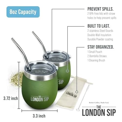 The London Sip Yerba Mate Cup & Bombilla Set, 8 oz, Stainless Steel, Modern Design, Spill-Resistant Lids, 2 Gourds, Straws, Brush, Pouch, Green thumbnail 6