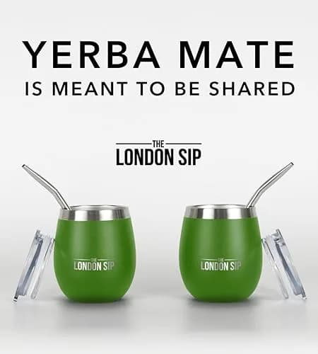 The London Sip Yerba Mate Cup & Bombilla Set, 8 oz, Stainless Steel, Modern Design, Spill-Resistant Lids, 2 Gourds, Straws, Brush, Pouch, Green thumbnail 2