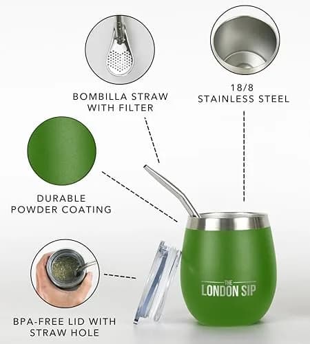 The London Sip Yerba Mate Cup & Bombilla Set, 8 oz, Stainless Steel, Modern Design, Spill-Resistant Lids, 2 Gourds, Straws, Brush, Pouch, Green thumbnail 3