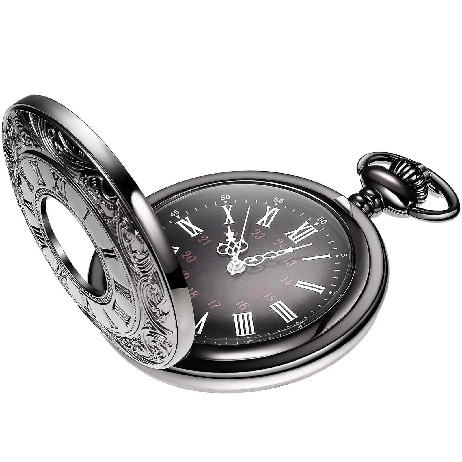 Hicarer Silver Watch Vintage Pocket Watch with Chain | Classic Roman Numerals, 4.6cm Diameter, 37cm Chain — Black