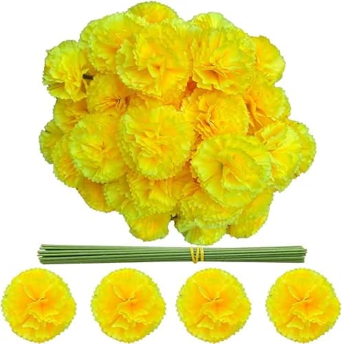 Gusaloo Yellow Marigold Flower Heads 50Pcs (5-6cm) | Bulk Artificial Flowers for Indian Festivals & Crafts thumbnail 1