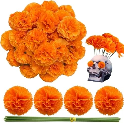 Gusaloo 50Pcs Orange Marigold Flower Heads 5-6cm | Realistic Silk & Plastic Craft Flowers for Indian Festivals & Decor thumbnail 1