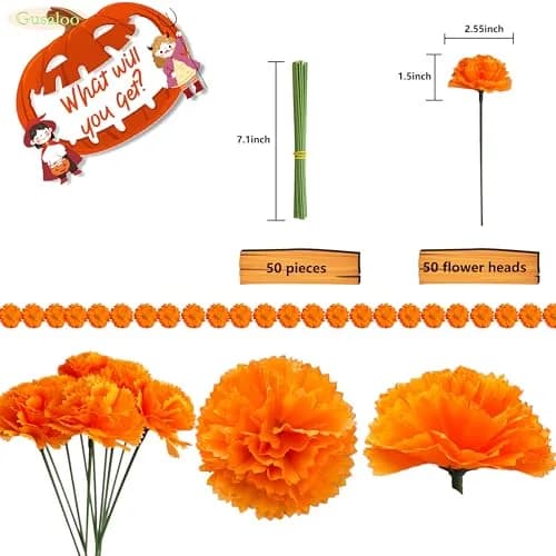 Gusaloo 50Pcs Orange Marigold Flower Heads 5-6cm | Realistic Silk & Plastic Craft Flowers for Indian Festivals & Decor thumbnail 2