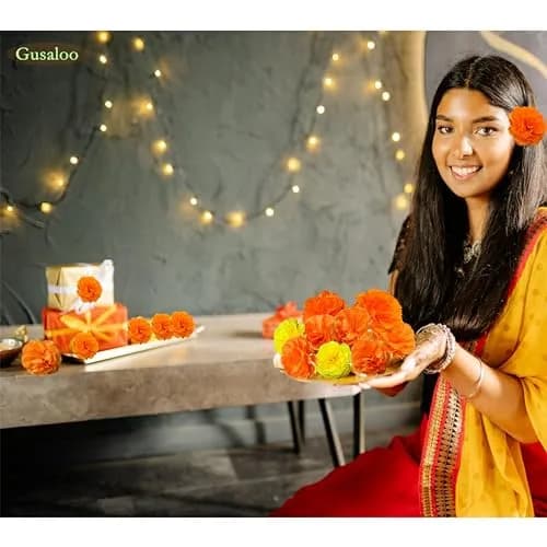 Gusaloo 50Pcs Orange Marigold Flower Heads 5-6cm | Realistic Silk & Plastic Craft Flowers for Indian Festivals & Decor thumbnail 3