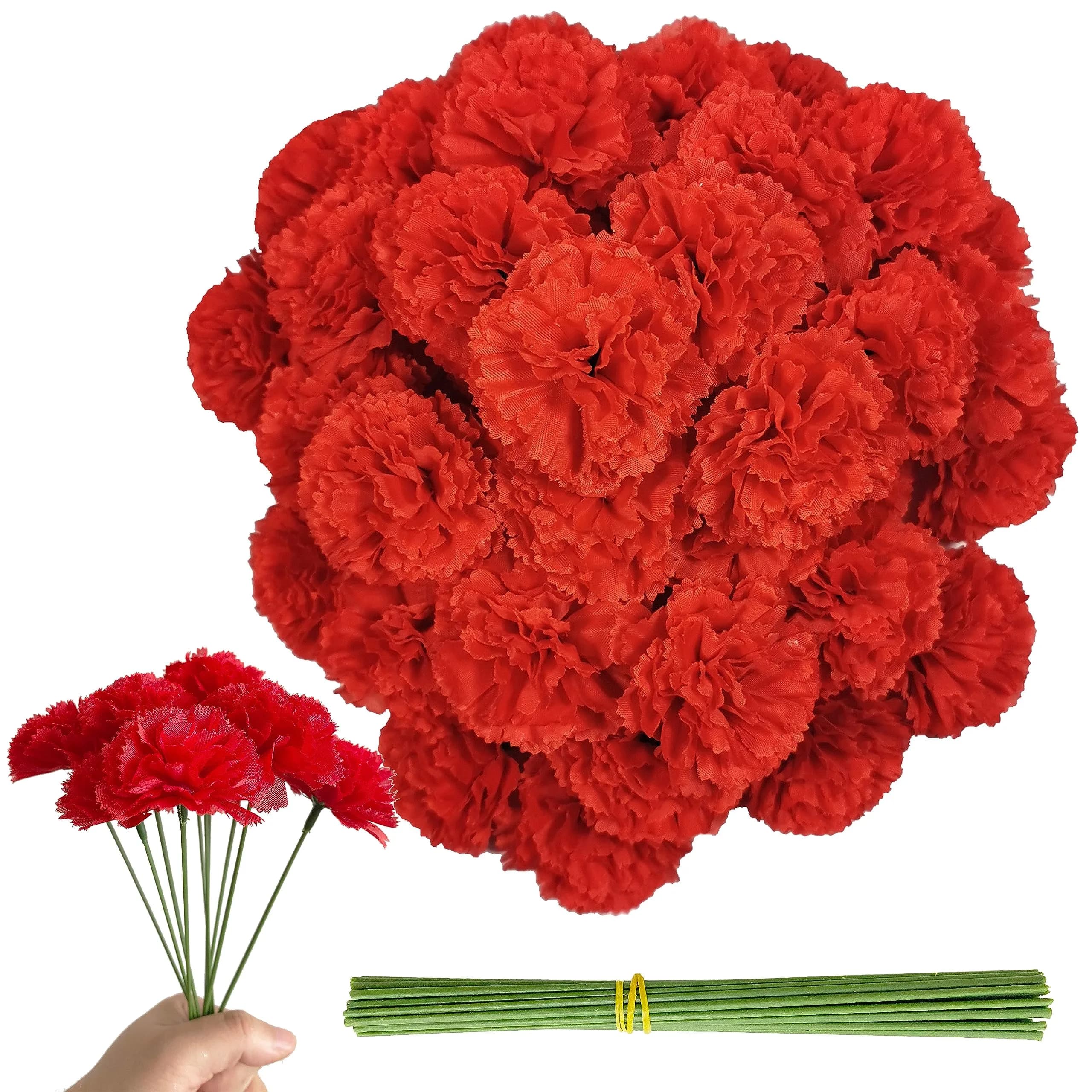 Gusaloo Red Marigold Flower Heads Bulk 50Pcs, Silk Artificial Flowers 5-6cm | Realistic Style for Diwali Home Decor — Red