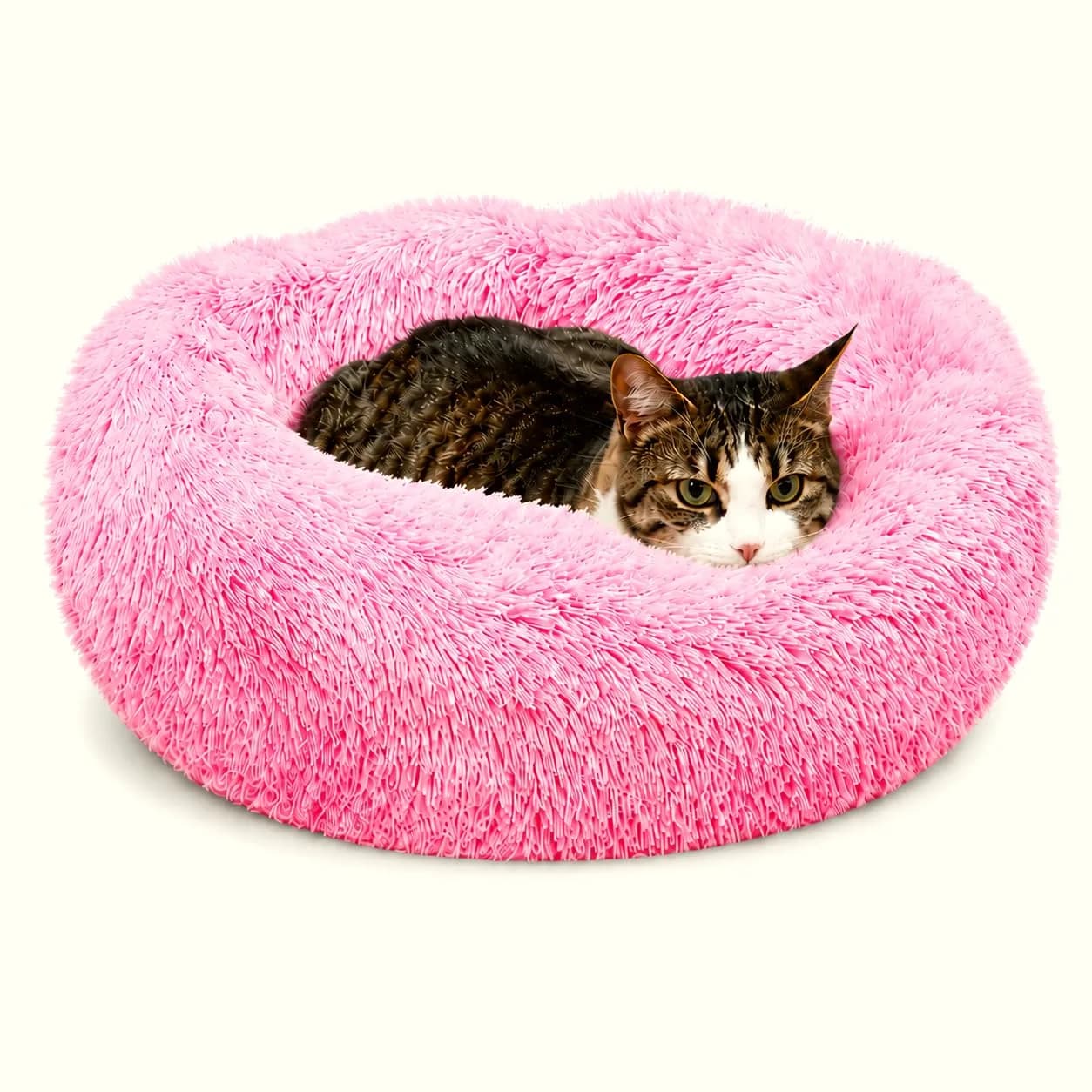 Whiskers & Friends Pink Gradient Donut Cat & Small Dog Bed 58cm (23" x 23" x 7") | Cozy Orthopedic Support for Anxiety Relief