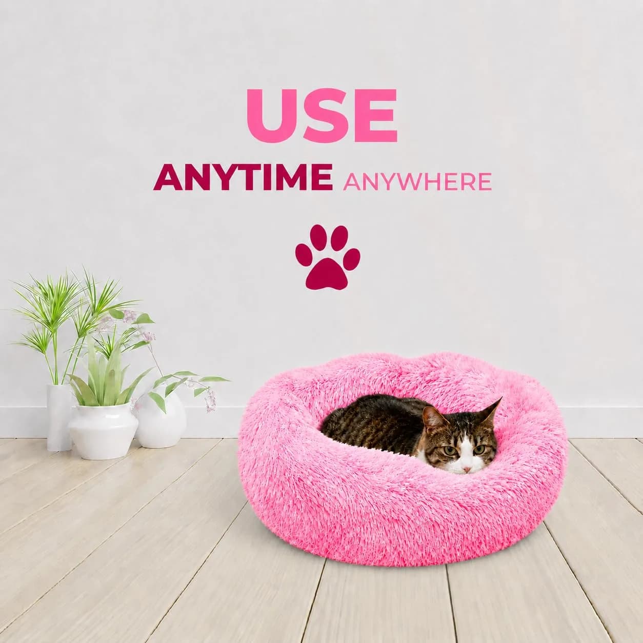 Whiskers & Friends Pink Gradient Donut Cat & Small Dog Bed 58cm (23" x 23" x 7") | Cozy Orthopedic Support for Anxiety Relief - view 6