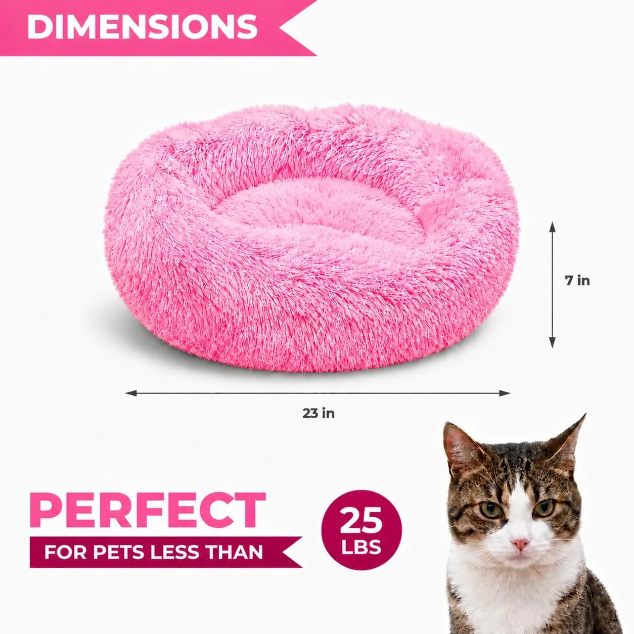 Whiskers & Friends Pink Gradient Donut Cat & Small Dog Bed 58cm (23" x 23" x 7") | Cozy Orthopedic Support for Anxiety Relief - view 2