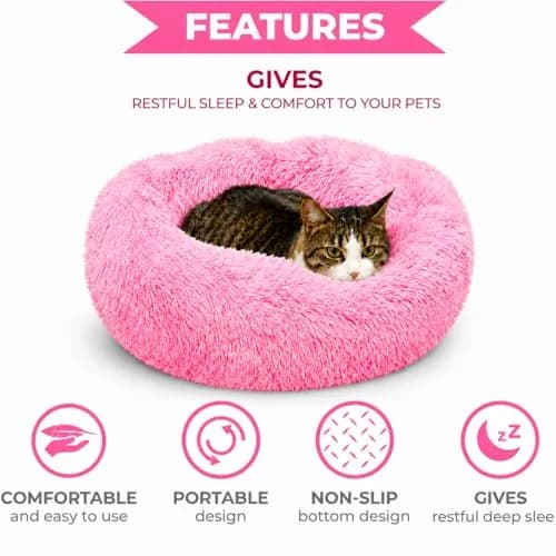Whiskers & Friends Pink Gradient Donut Cat & Small Dog Bed 58cm (23" x 23" x 7") | Cozy Orthopedic Support for Anxiety Relief thumbnail 3