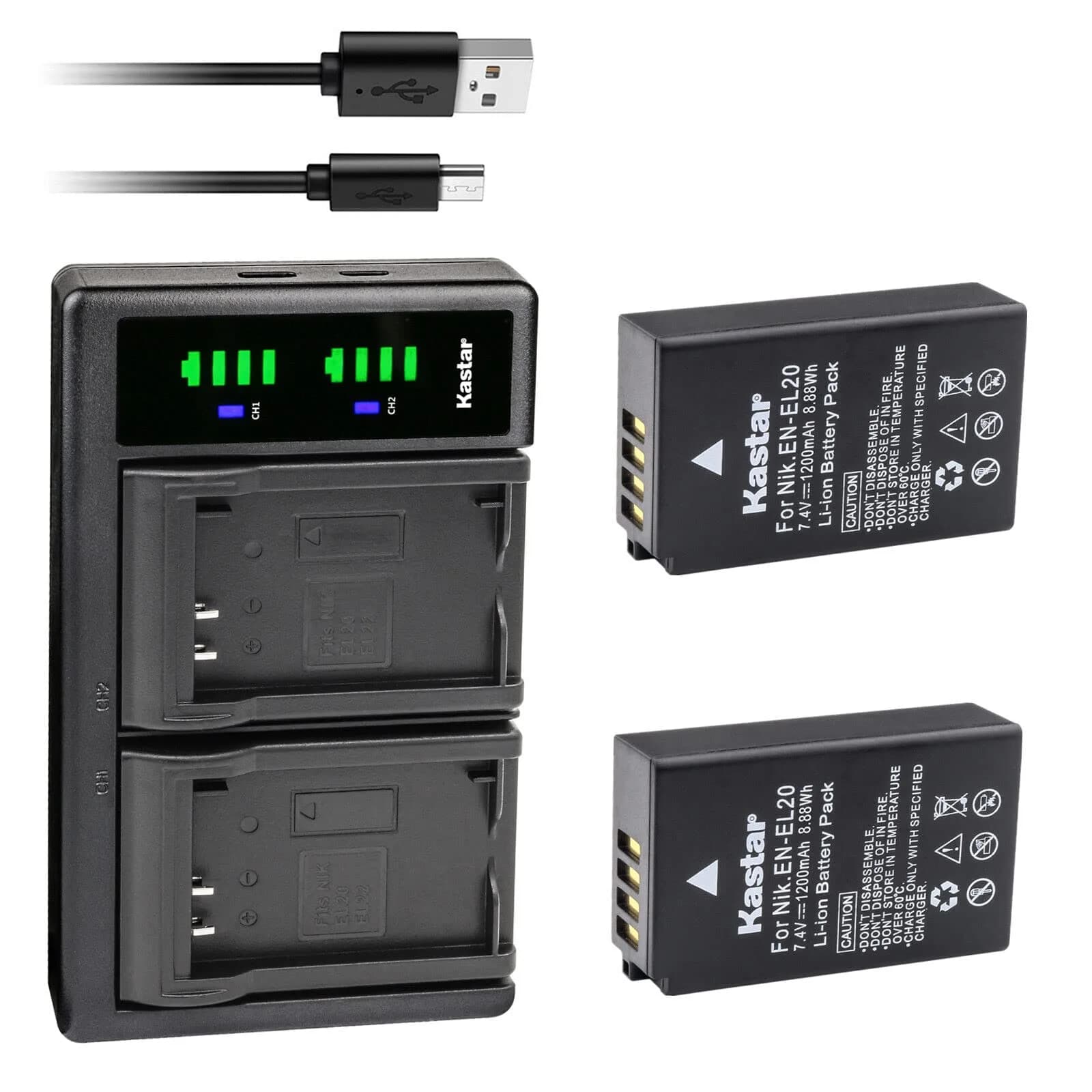 Kastar Dual USB Charger & 2x EN-EL20a Batteries for Nikon P950, P1000, A, 1 J1, 1 V3 Cameras | 7.4V 1200mAh Li-ion - main product image