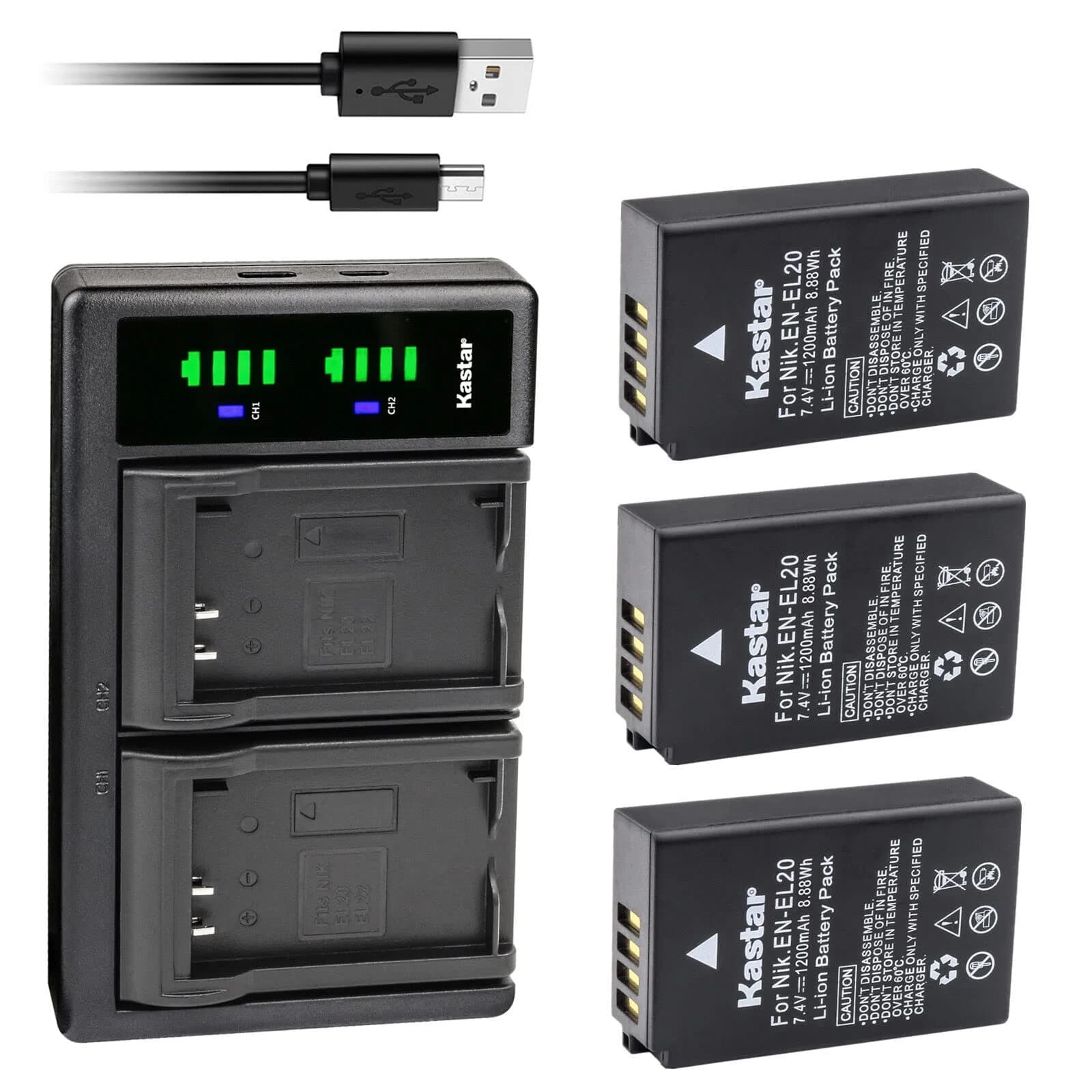 Kastar 3-Pack EN-EL20a Batteries & LTD2 USB Charger for Nikon P950 P1000 A 1 V3 Cameras | 7.4V 1200mAh - main product image