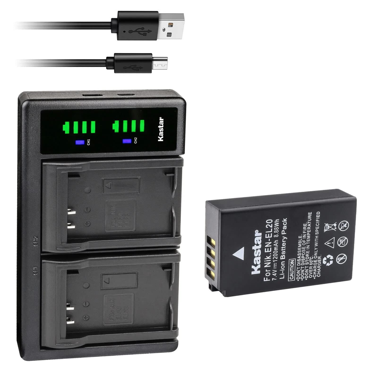 Kastar EN-EL20a Battery & LTD2 USB Charger Kit for Nikon P950, P1000, A, 1 Series Cameras | 1200mAh, 7.4V - main product image