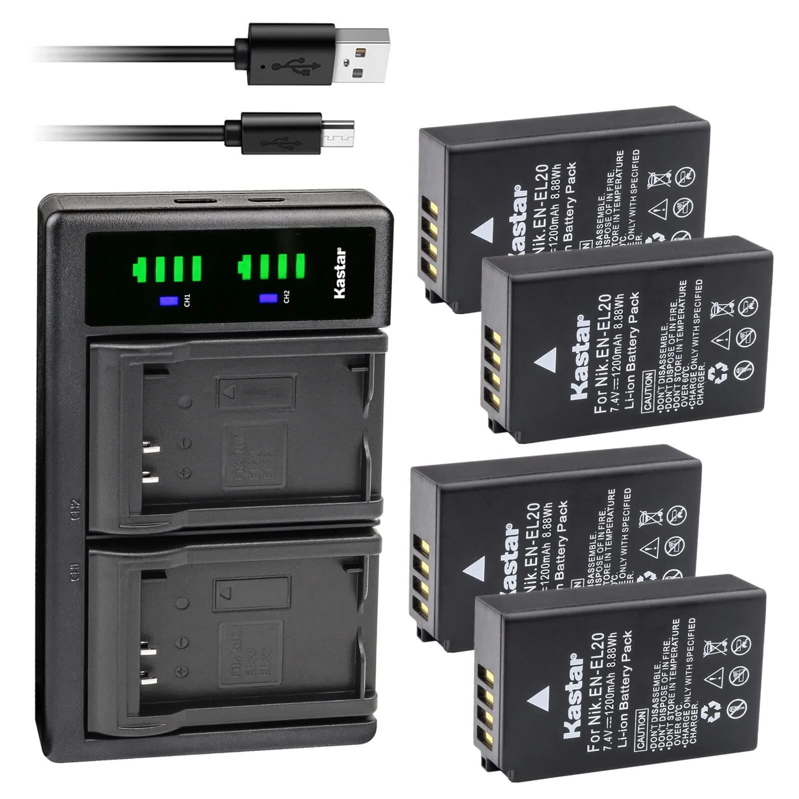 Kastar 4-Pack EN-EL20a Batteries & LTD2 USB Charger for Nikon P950, P1000, A, 1 Series Cameras | 7.4V, 1200mAh - main product image