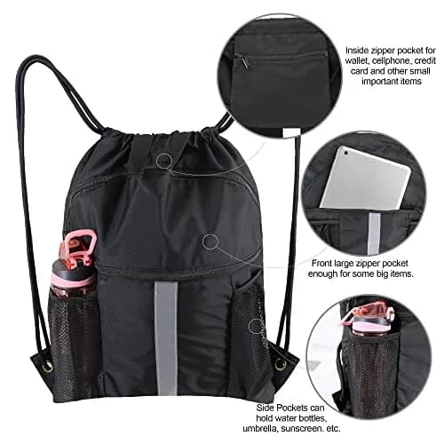 BeeGreen X-Large Black Drawstring Backpack with Shoe Compartment | Durable Oxford Fabric Gym Sackpack thumbnail 4