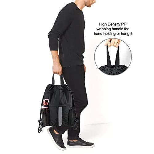BeeGreen X-Large Black Drawstring Backpack with Shoe Compartment | Durable Oxford Fabric Gym Sackpack thumbnail 5
