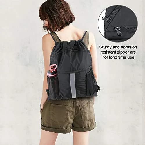BeeGreen X-Large Black Drawstring Backpack with Shoe Compartment | Durable Oxford Fabric Gym Sackpack thumbnail 6