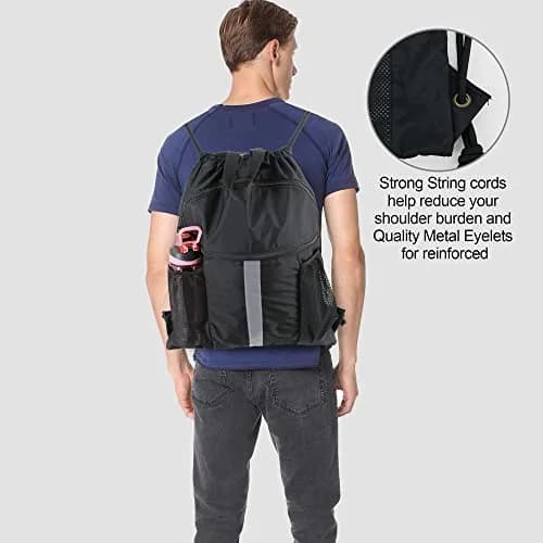 BeeGreen X-Large Black Drawstring Backpack with Shoe Compartment | Durable Oxford Fabric Gym Sackpack thumbnail 7