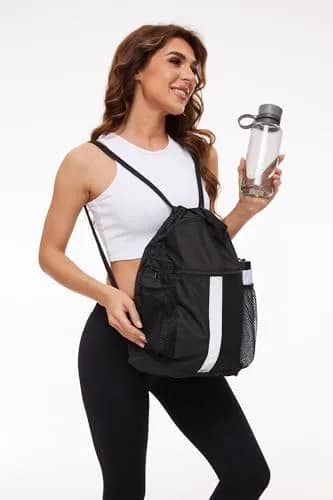 BeeGreen X-Large Black Drawstring Backpack with Shoe Compartment | Durable Oxford Fabric Gym Sackpack thumbnail 9