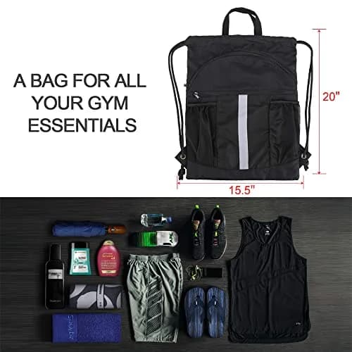 BeeGreen X-Large Black Drawstring Backpack with Shoe Compartment | Durable Oxford Fabric Gym Sackpack thumbnail 2
