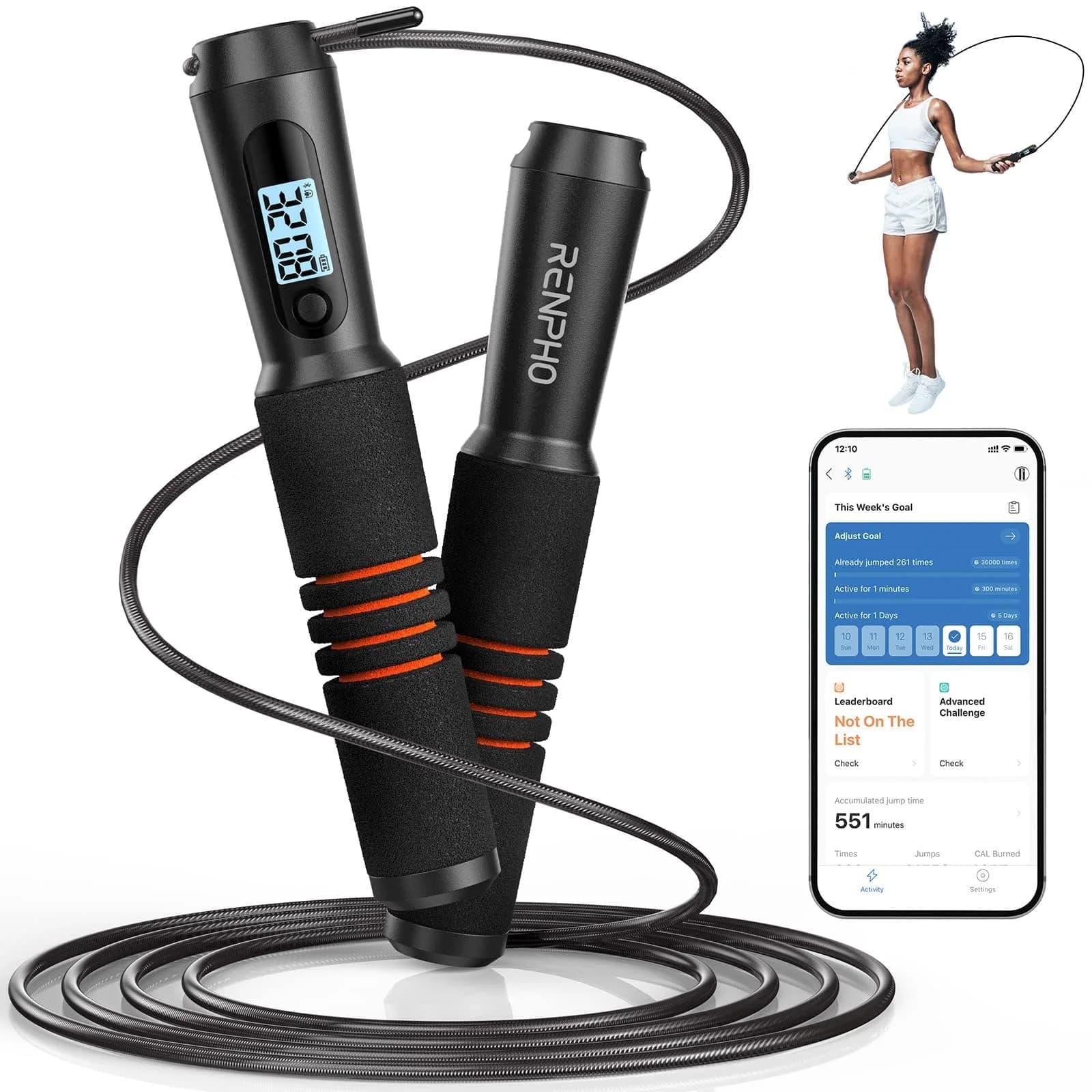 RENPHO Smart Jump Rope with Counter | App Data Tracking, LCD Display, Adjustable Length