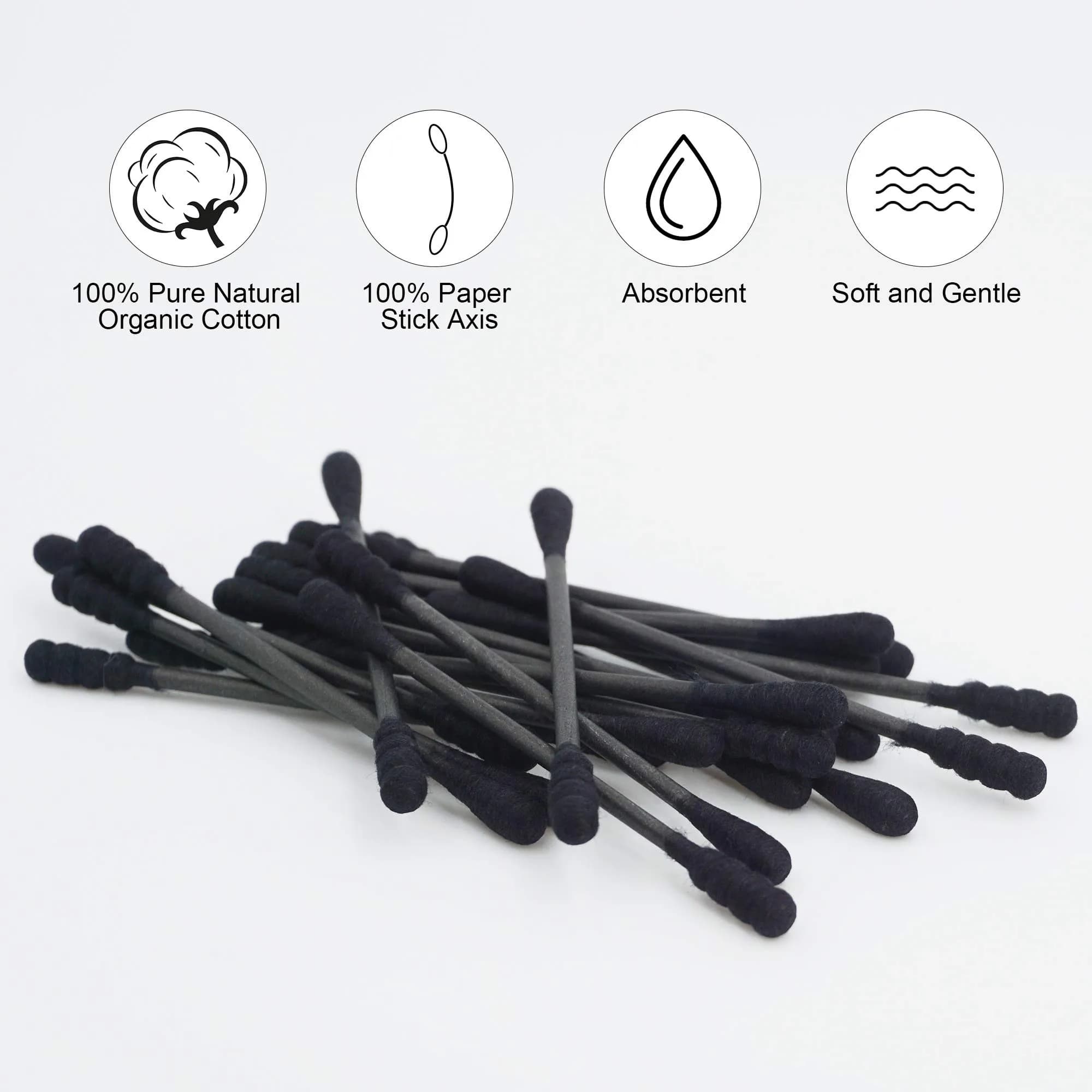 HOMEFOX Black Cotton Swabs Spiral - 200 Count Organic Cotton Buds with Paper Stick | Charcoal Activated Carbon - view 5